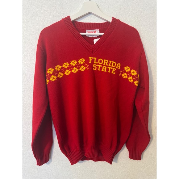 Vintage Florida State Seminoles Sweater V Neck Red Yellow Argyle 1980s